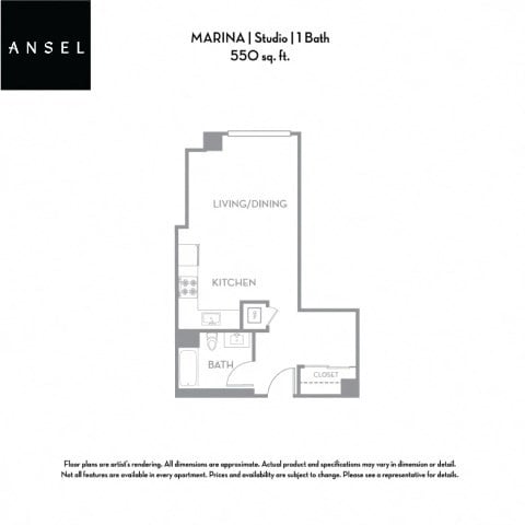 Floor plan for studio, 1 bath, 550 sqft